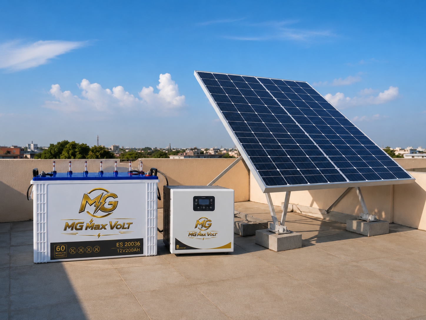 Solar panels connected to MG MAX Volt solar and inverter battery